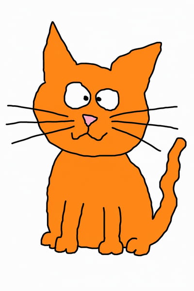 Crude digital drawing of a flat orange cat with crossed eyes and jagged black outlines in the style of MS Paint.