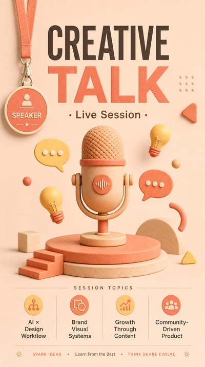 Vertical poster with a 3D clay microphone on a stage surrounded by floating lightbulbs and speech bubbles in peach and coral tones.