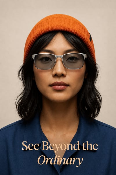 Portrait of a woman with dark hair wearing an orange beanie, silver glasses, and a blue shirt against a beige background with the text See B