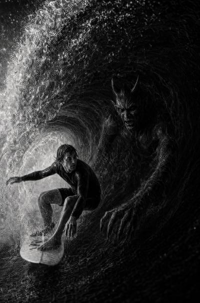 A black and white photo of a man surfing inside a large wave while a horned demonic figure with claws emerges from the water behind him.
