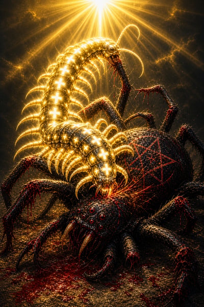 A glowing golden centipede with white crosses on its back attacking a large black spider marked with a red pentagram under a beam of divine