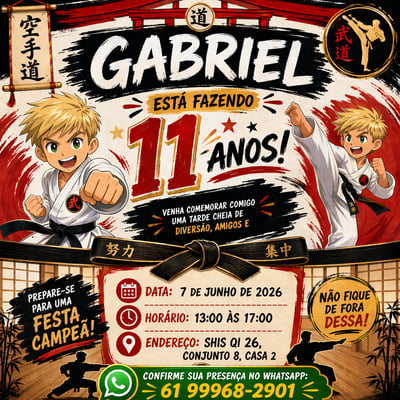 Portuguese karate birthday invitation for Gabriels 11th birthday with anime boy in karate gi, red brush lettering, black belt divider, event details, and WhatsApp RSVP.