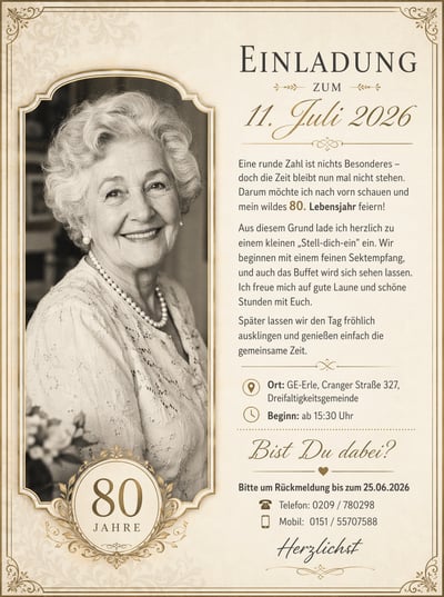 A German 80th birthday invitation card with a black and white portrait of a smiling elderly woman on the left and elegant text on a cream ba