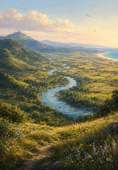 An aerial digital painting of a winding river flowing through a green valley toward a distant ocean coastline under a golden sunset sky.