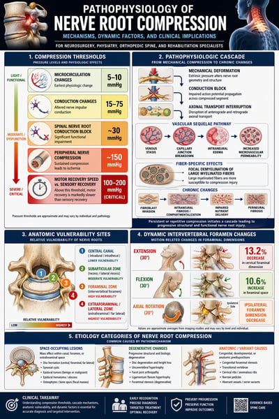 A detailed medical infographic about nerve root compression featuring anatomical diagrams of the spine, pressure threshold charts, and flowc