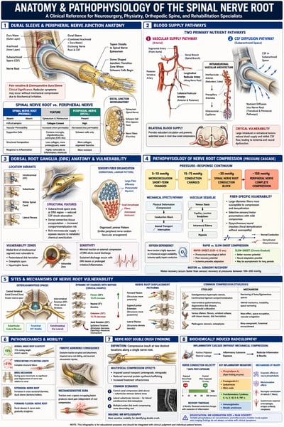 A detailed medical infographic poster about spinal nerve root anatomy with multiple sections showing nerve structures, blood flow diagrams,