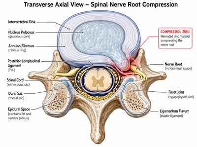 Anatomical diagram of a spinal vertebra in transverse axial view showing a herniated disc compressing a nerve root, with detailed labels for