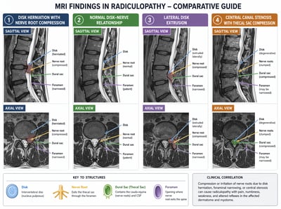 A medical infographic showing four columns of MRI spinal scans in sagittal and axial views, comparing normal anatomy with disk herniation an