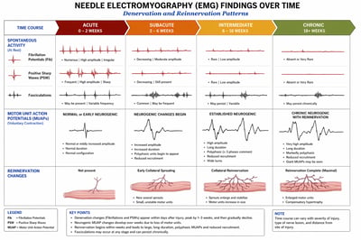 A medical infographic chart titled Needle Electromyography (EMG) Findings Over Time, showing rows of waveforms and muscle fiber illustration