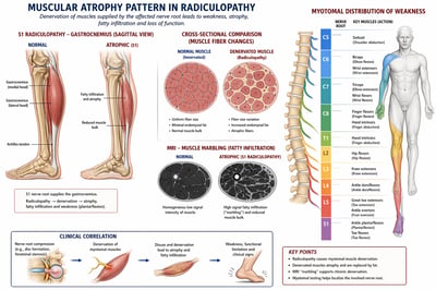 Medical infographic showing muscular atrophy patterns, including leg anatomy, muscle fiber cross-sections, MRI scans, and a spinal nerve roo
