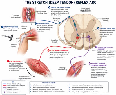 Anatomical diagram of the stretch reflex arc showing a knee-jerk reaction, spinal cord cross-section, and labeled neural pathways on a white