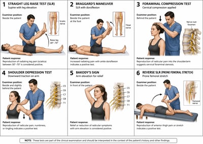 A 6-panel medical infographic showing various clinical examination techniques including leg raises and cervical compression tests with anato
