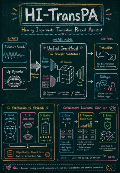 A dark green chalkboard infographic with hand-drawn technical diagrams in multi-colored chalk showing a system architecture for hearing impa
