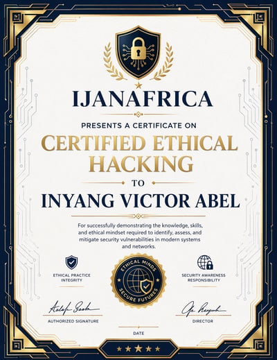 A formal certificate of achievement for Certified Ethical Hacking with a navy blue and gold ornate border, tech-inspired circuit details, an