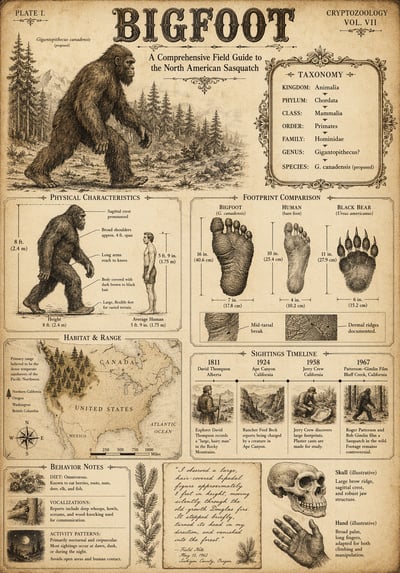 Vintage parchment Bigfoot field guide poster with engraved title, Sasquatch illustration, taxonomy chart, footprint comparisons, habitat map, sightings timeline, behavior notes, skull sketch, and handwritten field note.