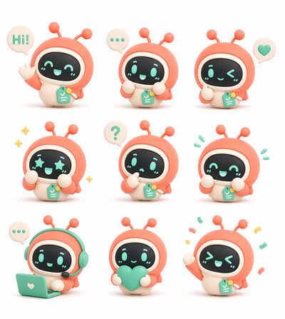 A grid of nine 3D robot character stickers with various expressions including happy, thinking, and working on a laptop, styled in coral and