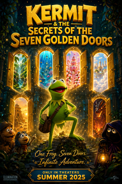 A 3D animated movie poster titled Kermit and the Secrets of the Seven Golden Doors featuring a green frog adventurer standing before seven g