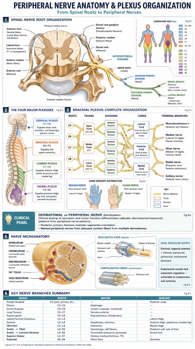 Vertical medical infographic showing spinal nerve root organization, the four major plexuses, a detailed brachial plexus diagram, and nerve