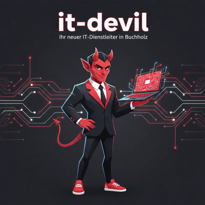 A red devil character in a suit holding a laptop with glowing red circuit lines on a dark background.