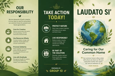 A flat tri-fold brochure layout with green panels, an illustrated globe, and text about environmental responsibility and action.