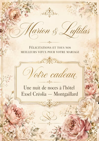 A cream-colored wedding gift card with gold cursive text, framed by soft pink and white watercolor roses and gold filigree borders.
