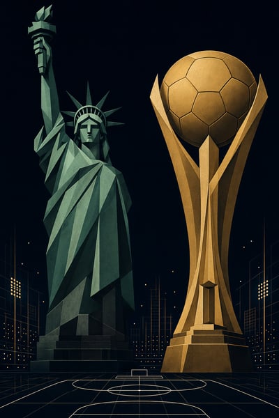 Geometric art deco poster featuring a faceted green Statue of Liberty and a tall golden soccer trophy over a minimalist white-lined football