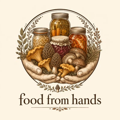 Circular vintage logo showing hands holding chanterelle and morel mushrooms with jars of pickled vegetables, featuring rustic serif text 'fo