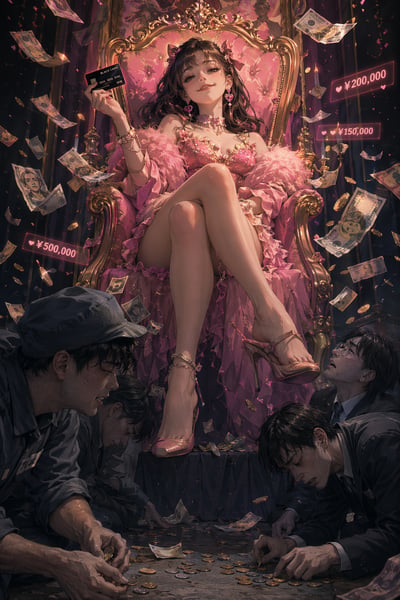 Neo-pop illustration of a glamorous woman in pink seated on a gold throne with floating cash, coins, payment graphics, and shadowed figures below.