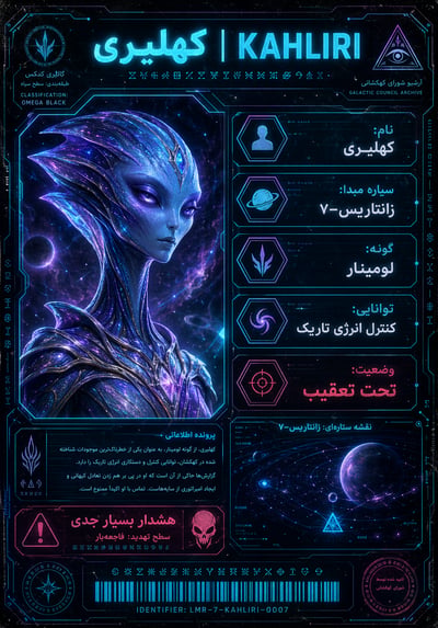 Sci-fi alien wanted poster with Farsi dossier panels, neon star map, warning labels, and blue-purple creature portrait.