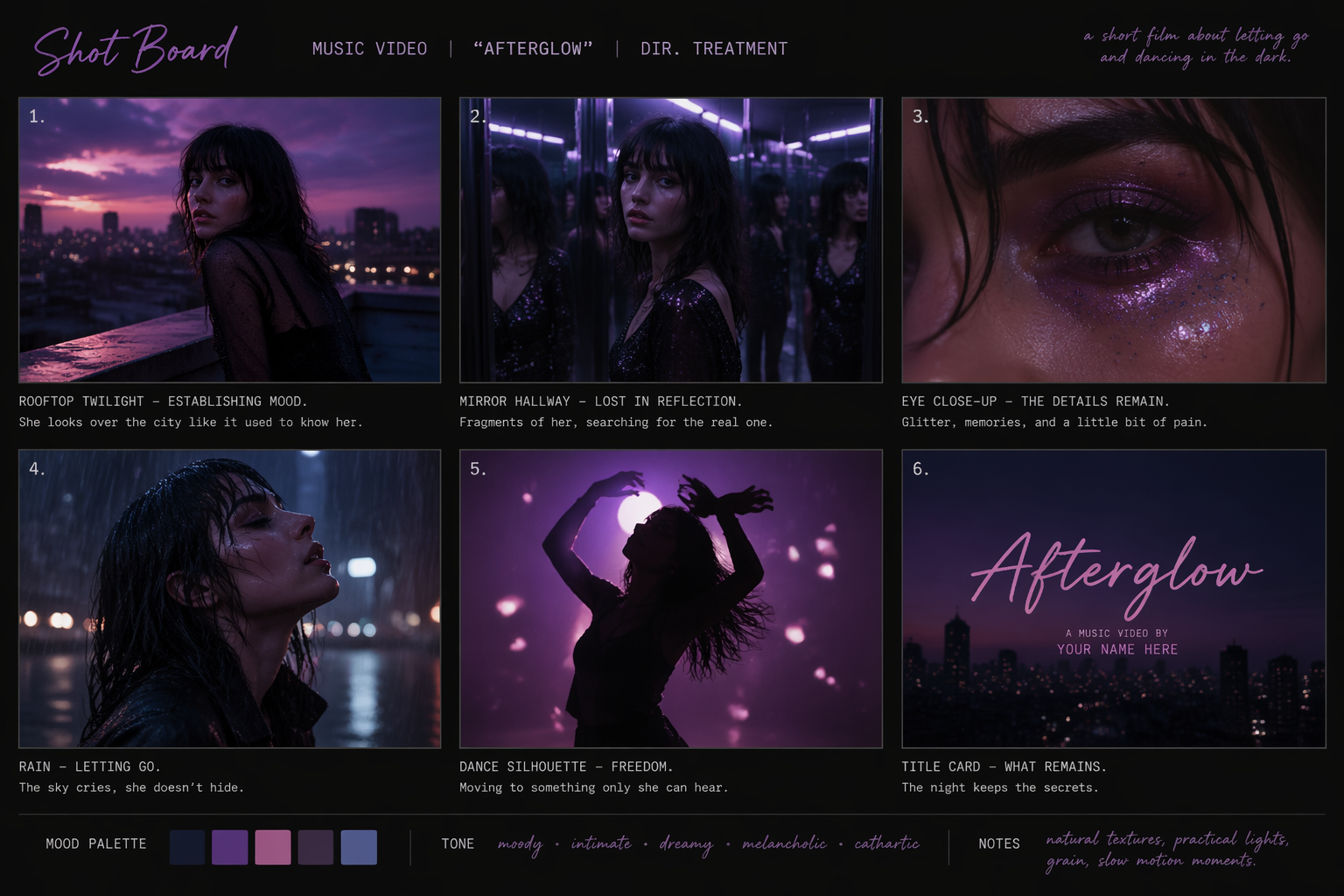 A six-frame storyboard for a music video featuring a woman in various cinematic settings including a rooftop, a mirror room, and a rain scen